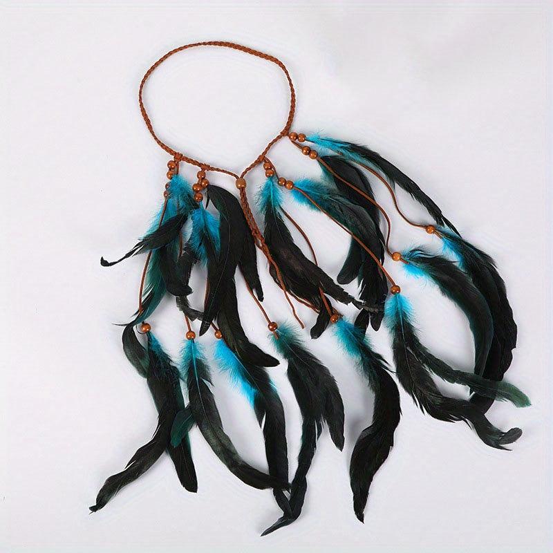 Boho Feather Hair Tie Rope Headband with Beads Tassel