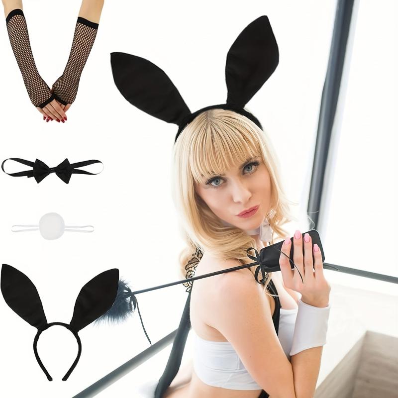 Flapper Accessories Set Rabbit Ears Headband Bow Tie Fishnet Hand Stocking