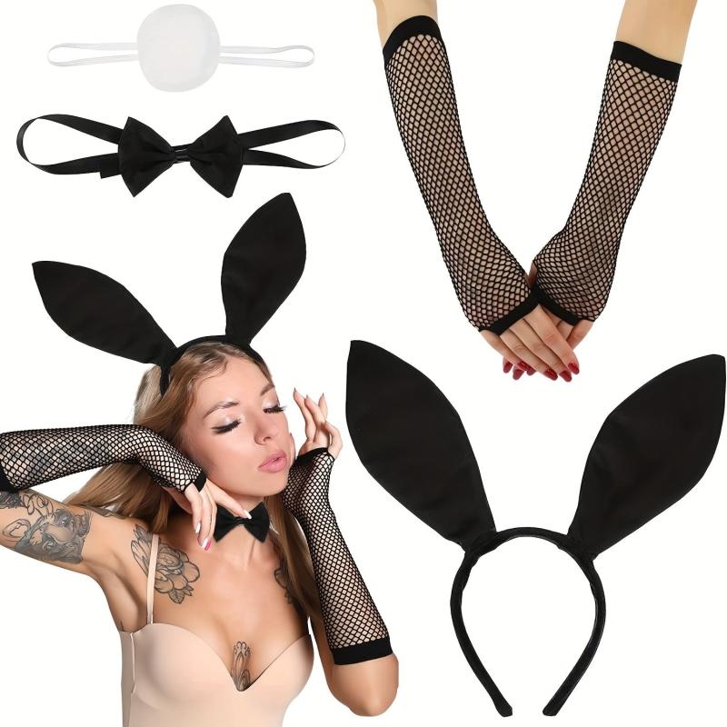 Flapper Accessories Set Rabbit Ears Headband Bow Tie Fishnet Hand Stocking