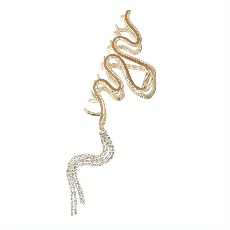 Wavy Hair Claw With Rhinestone Tassel Ponytail Holder