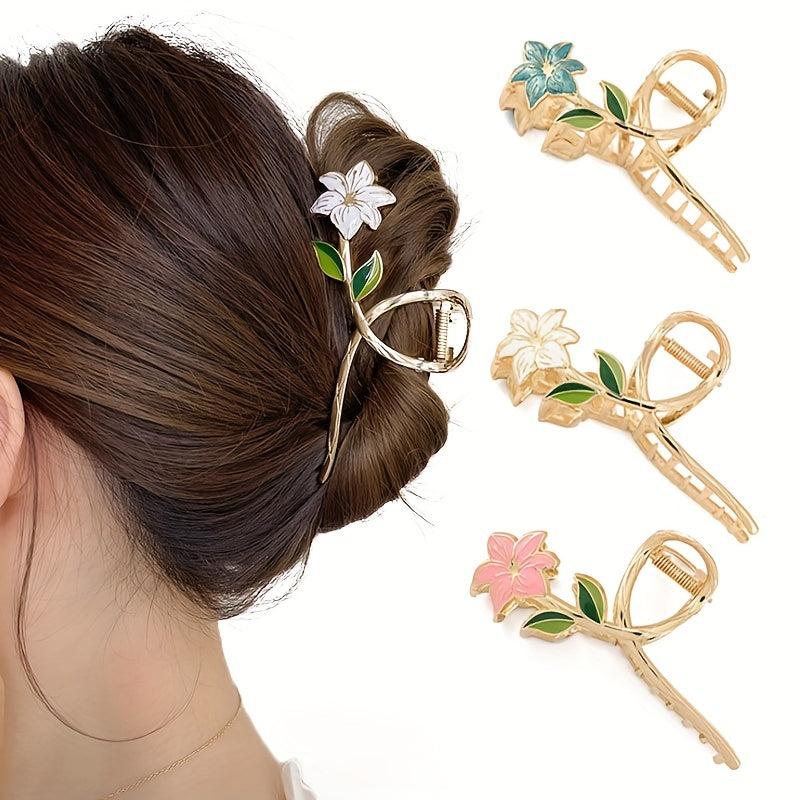 3pcs Flower Shape Metal Hair Claw Large Floral Shark Claw Non slip Hai...