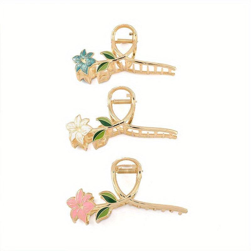 3pcs Flower Shape Metal Hair Claw Large Floral Shark Claw Non slip Hai...