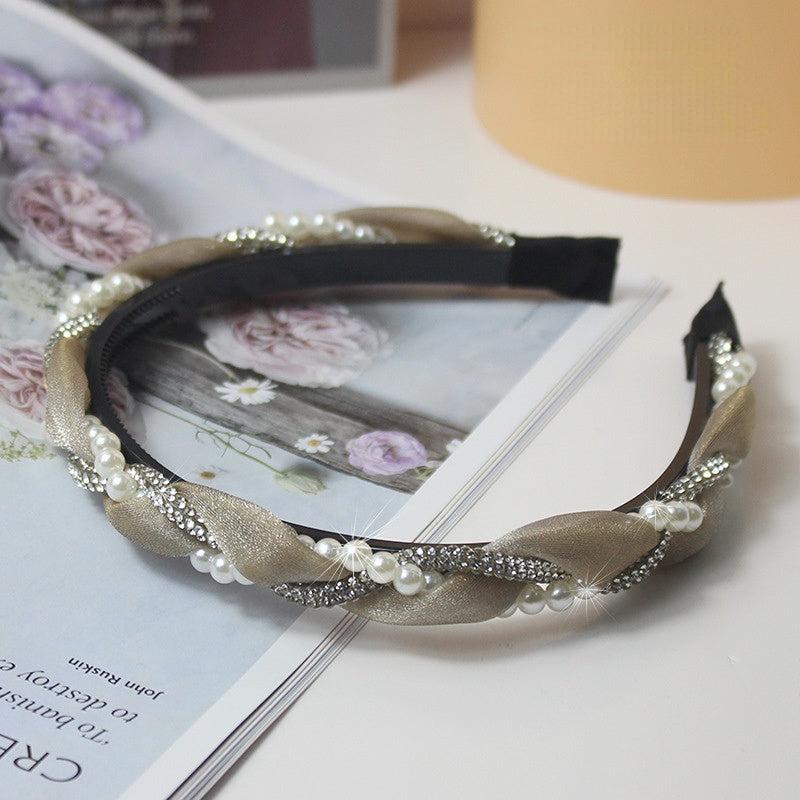 Faux Pearl Rhinestone Braided Headband Organza Headdress Hair Accessories