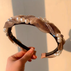 Faux Pearl Rhinestone Braided Headband Organza Headdress Hair Accessories