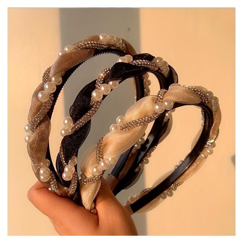 Faux Pearl Rhinestone Braided Headband Organza Headdress Hair Accessories