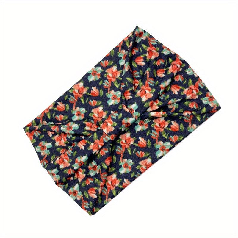 Pastoral Floral Print Headband Criss Cross Head Hoop Stretchy Hair Band