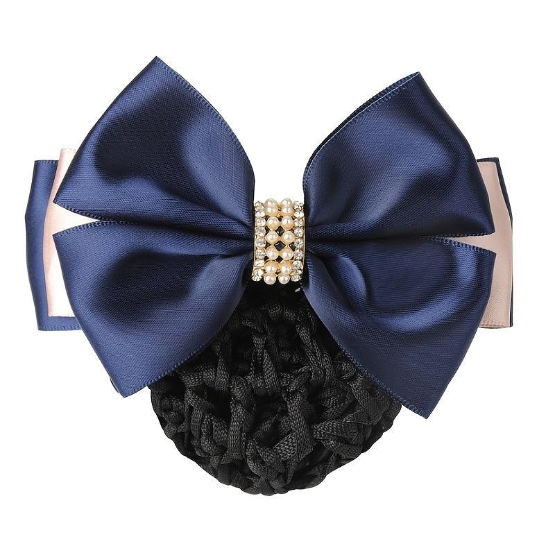 Women Hair Snood Net Rhinestone Bowknot Barrette Elastic Hair Bun Cover