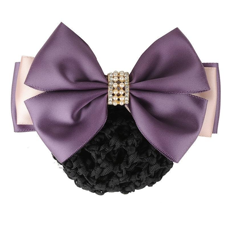 Women Hair Snood Net Rhinestone Bowknot Barrette Elastic Hair Bun Cover