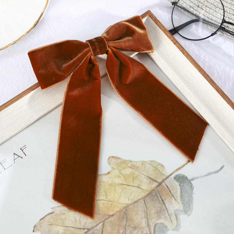 Velvet Solid Hair Bow Clip With Long Ribbon French Barrette