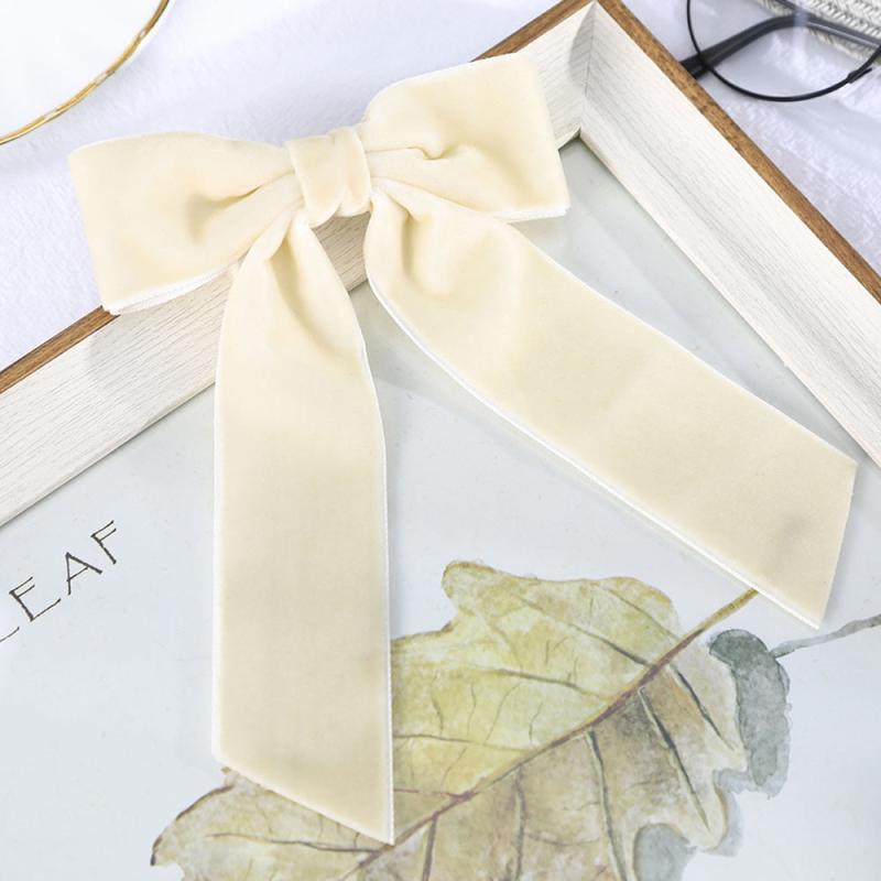 Velvet Solid Hair Bow Clip With Long Ribbon French Barrette