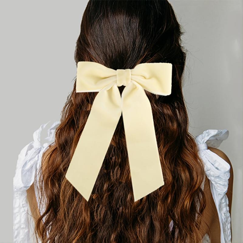 Velvet Solid Hair Bow Clip With Long Ribbon French Barrette