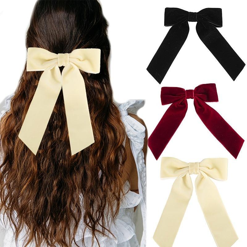 Velvet Solid Hair Bow Clip With Long Ribbon French Barrette