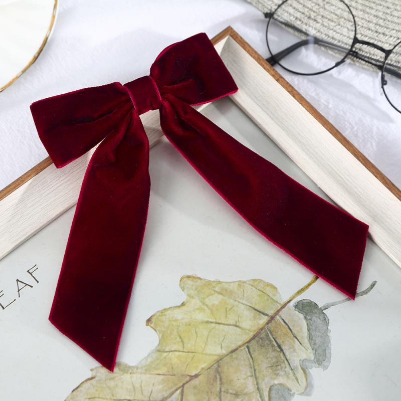 Velvet Solid Hair Bow Clip With Long Ribbon French Barrette