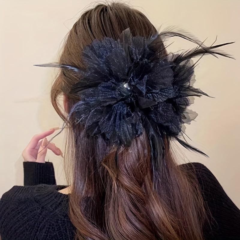 Large Mesh Flower Hair Claw with Faux Feather Decor Hair Claw Shark Claw
