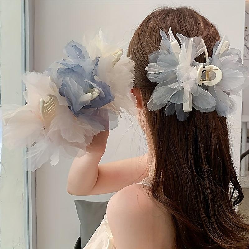Large Mesh Flower Hair Claw with Faux Feather Decor Hair Claw Shark Claw