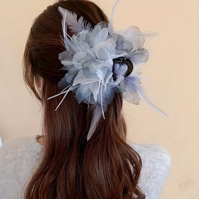 Large Mesh Flower Hair Claw with Faux Feather Decor Hair Claw Shark Claw