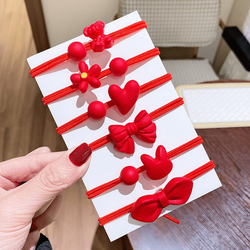 Red Hair Tie Bow Heart Decor Hair Rope Elastic Ponytail Holder