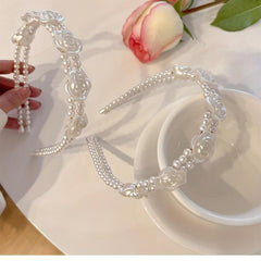Faux Pearl Hair Band Resin Flower Headband Double Layered Headdress