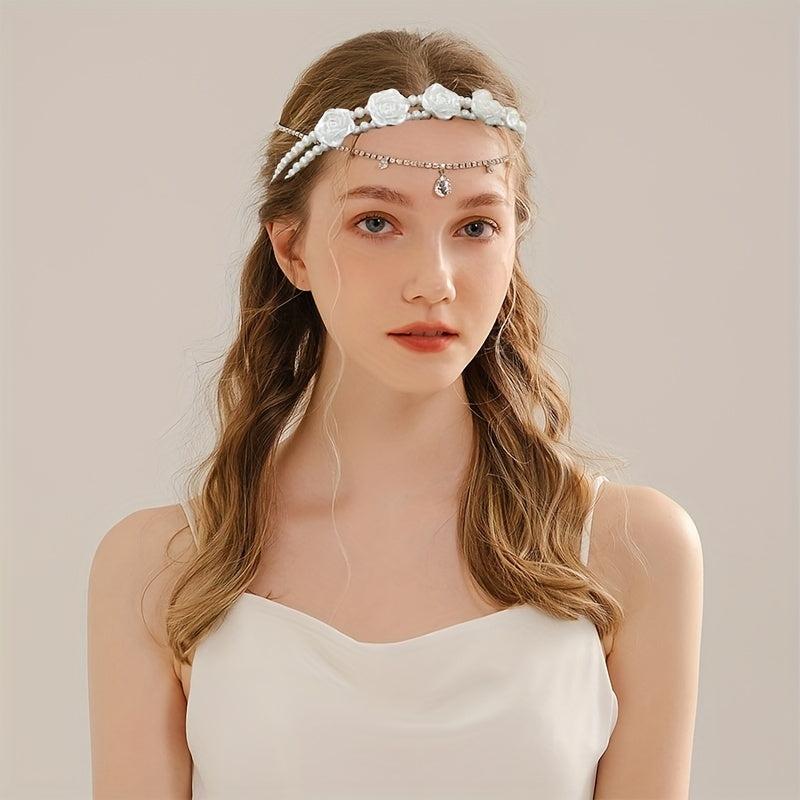 Faux Pearl Hair Band Resin Flower Headband Double Layered Headdress