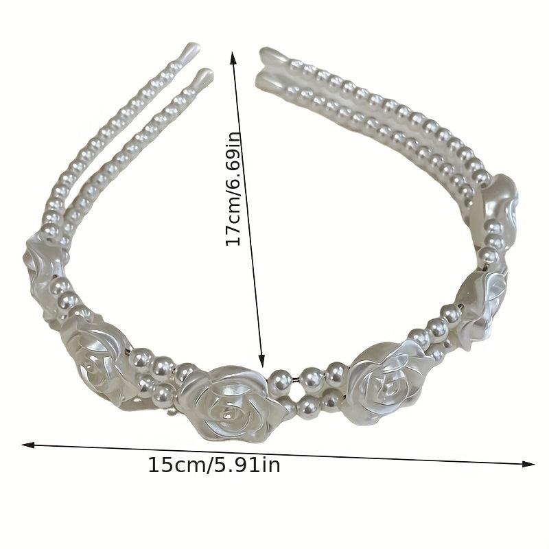 Faux Pearl Hair Band Resin Flower Headband Double Layered Headdress