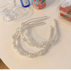 Faux Pearl Hair Band Resin Flower Headband Double Layered Headdress