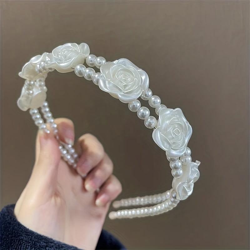 Faux Pearl Hair Band Resin Flower Headband Double Layered Headdress