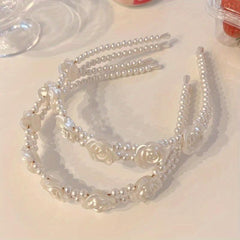 Faux Pearl Hair Band Resin Flower Headband Double Layered Headdress