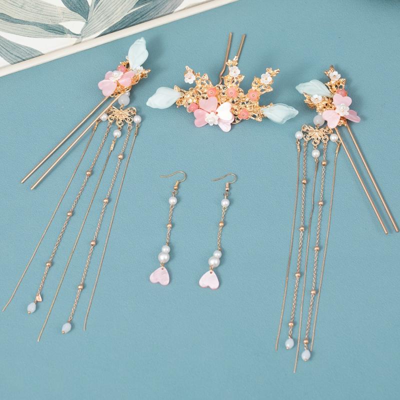 Ancient Style Flower Headdress Set Hairpin Earrings Women's Hair Accessories