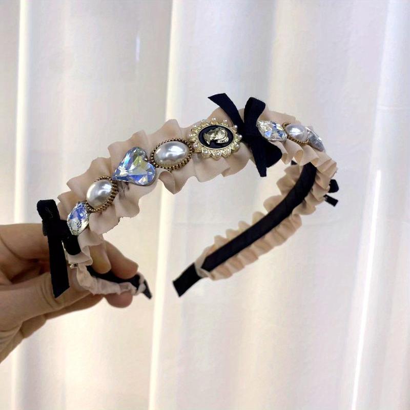 Vintage Faux Pearl Crystal Headband Crinkle Head Hoop Hair Accessories