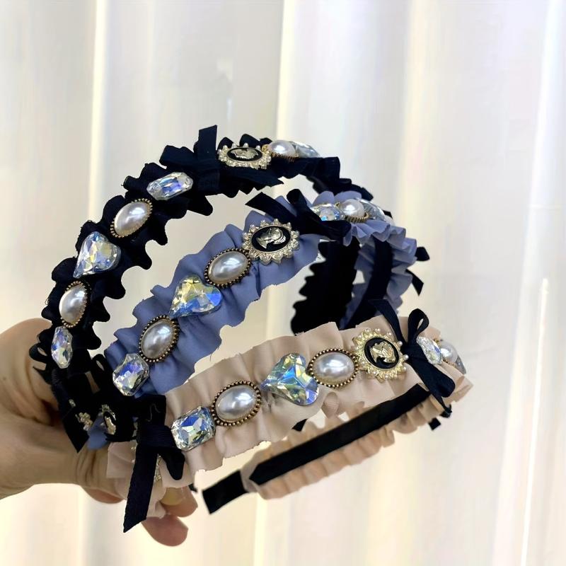 Vintage Faux Pearl Crystal Headband Crinkle Head Hoop Hair Accessories