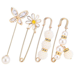 4pcs Faux Pearl Brooch Pins Sweater Shawl Jeans Clips Rhinestones Collar Safety