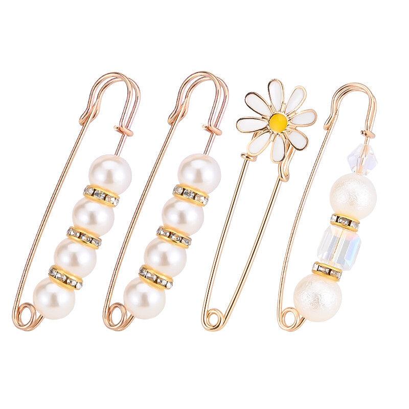 4pcs Faux Pearl Brooch Pins Sweater Shawl Jeans Clips Rhinestones Collar Safety