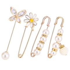 4pcs Faux Pearl Brooch Pins Sweater Shawl Jeans Clips Rhinestones Collar Safety