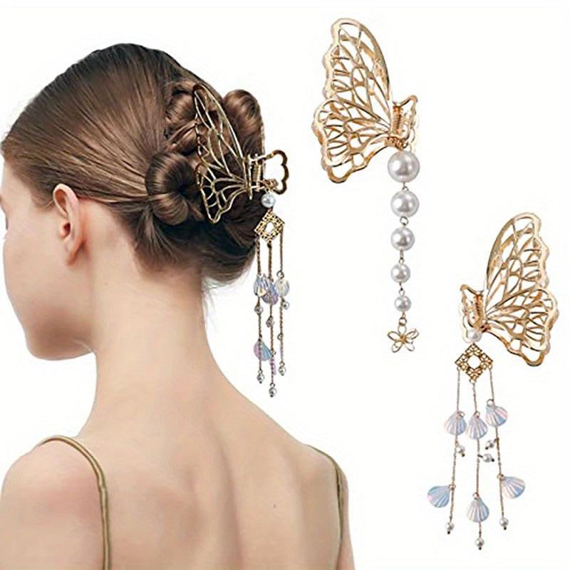 Butterfly Hair Claw Clip with Faux Pearl Tassel Hairgrip