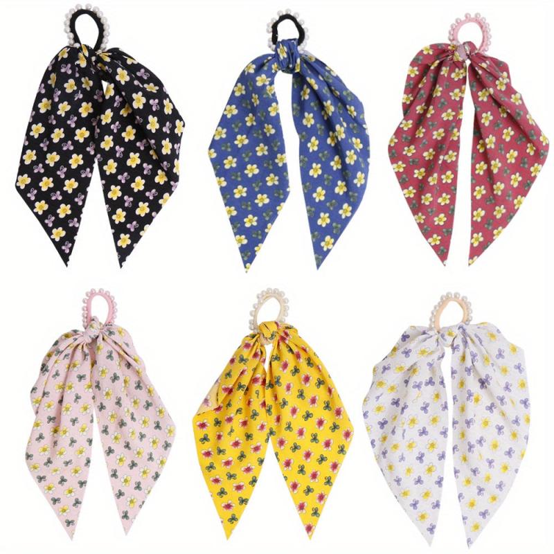 6pcs Long Streamer Hairband Flower Crackle Pastoral Hair Rope For Women Female