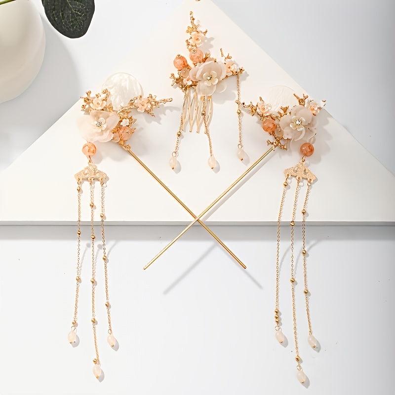 Flower Tassel Hairpin Earrings Hanfu Headwear Set