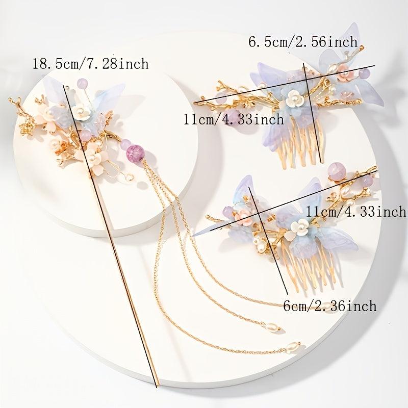 Flower Tassel Hairpin Earrings Hanfu Headwear Set
