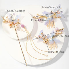 Flower Tassel Hairpin Earrings Hanfu Headwear Set