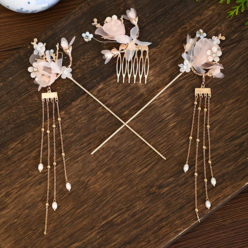Flower Tassel Hairpin Earrings Hanfu Headwear Set