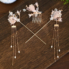 Flower Tassel Hairpin Earrings Hanfu Headwear Set