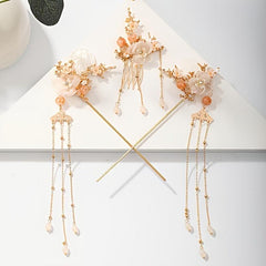 Flower Tassel Hairpin Earrings Hanfu Headwear Set