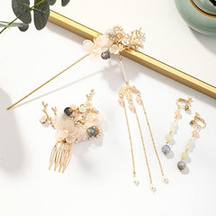 Flower Tassel Hairpin Earrings Hanfu Headwear Set