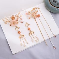 Flower Tassel Hairpin Earrings Hanfu Headwear Set