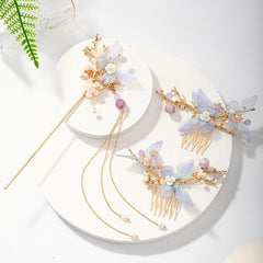 Flower Tassel Hairpin Earrings Hanfu Headwear Set
