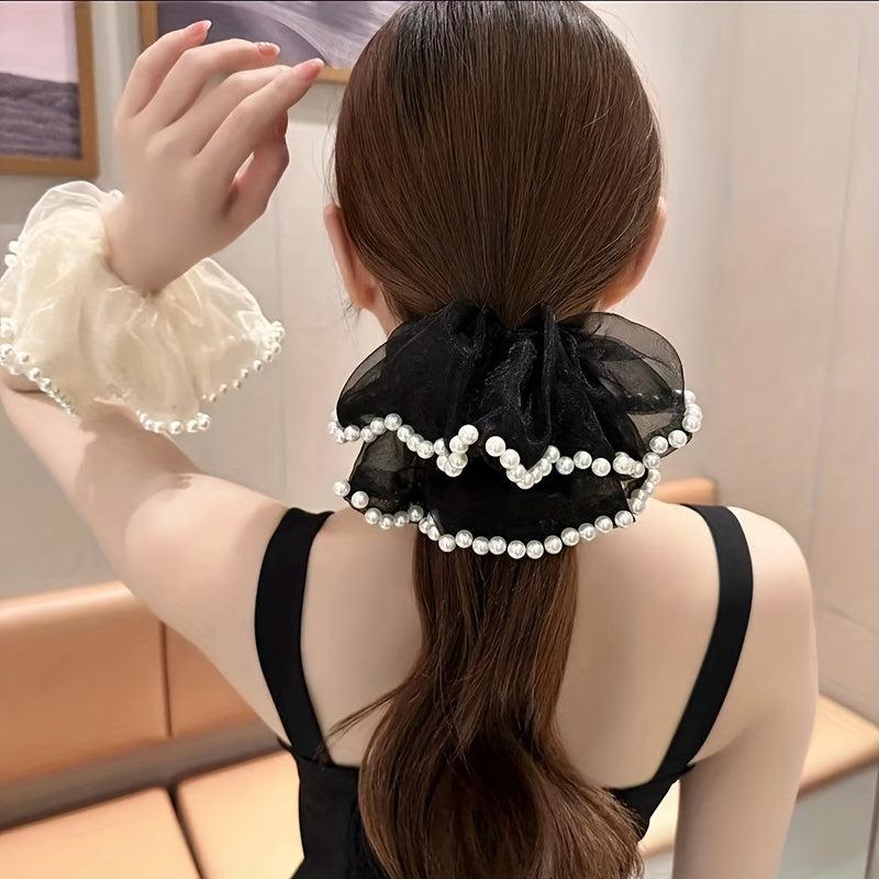 Large Organza Scrunchies Hair Tie with Faux Pearl Brim