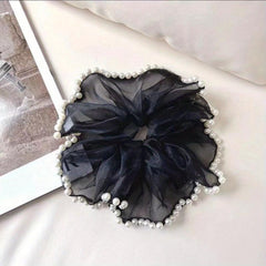 Large Organza Scrunchies Hair Tie with Faux Pearl Brim
