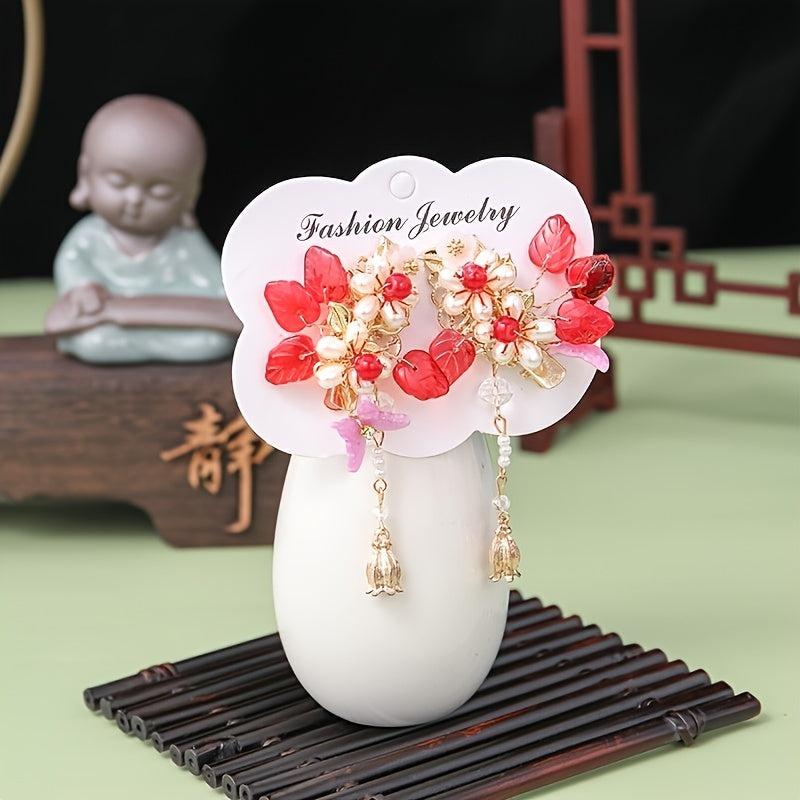 Vintage Red Year Butterfly Tassel Flower Hair Clip