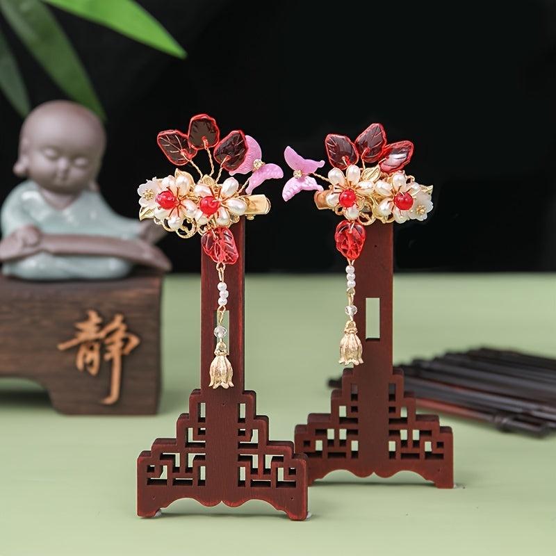 Vintage Red Year Butterfly Tassel Flower Hair Clip