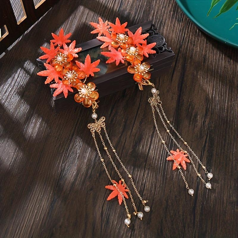 Ancient Style Flower Hair Clip With Tassel Maple Leaf Hair Accessories