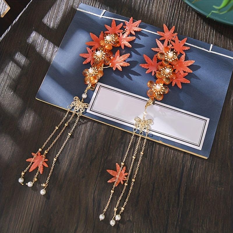Ancient Style Flower Hair Clip With Tassel Maple Leaf Hair Accessories